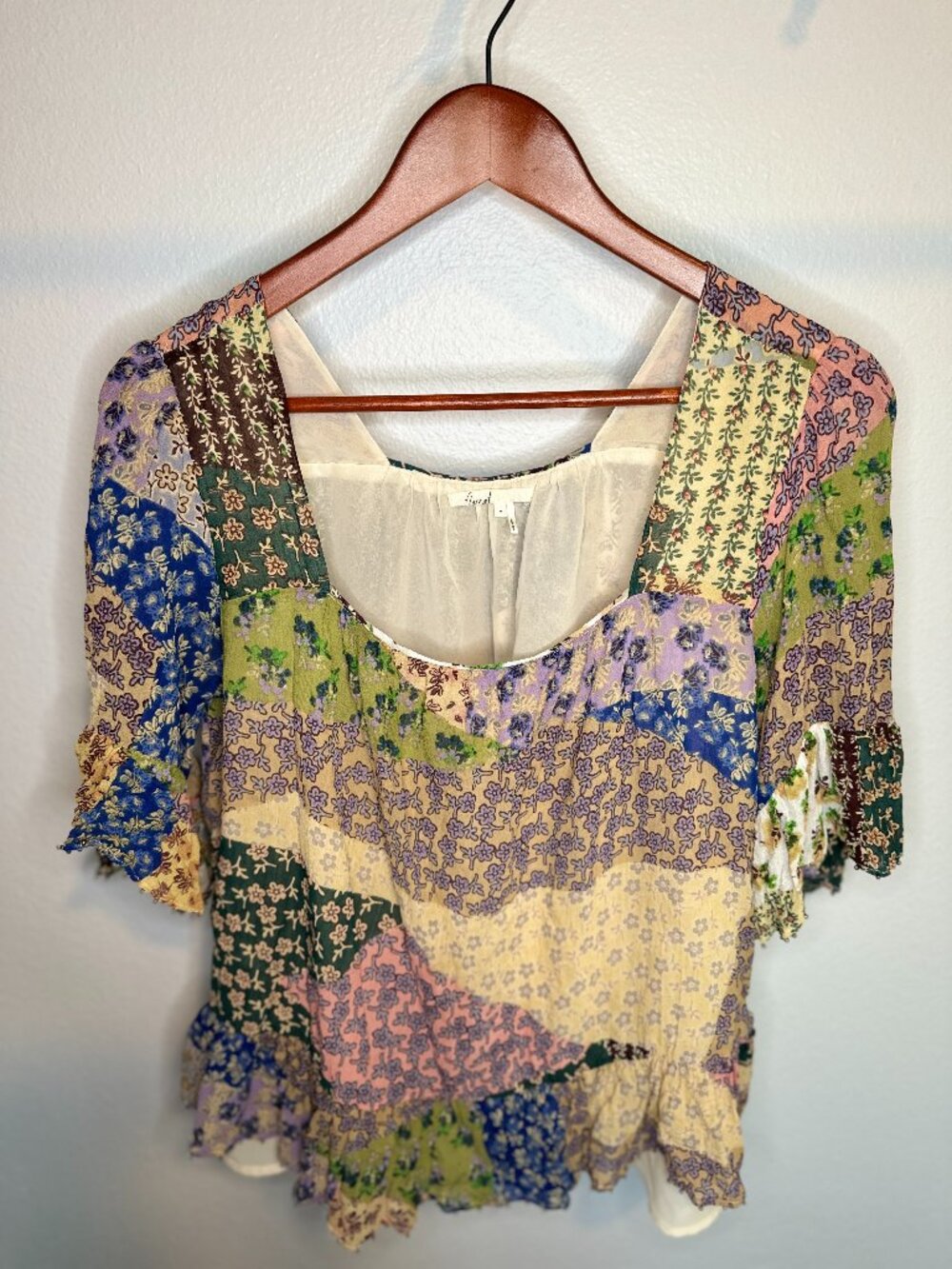 Floreat Anthropologie Patchwork Printed Boho Peasant Top Blouse 3/4 Sleeve- Med
